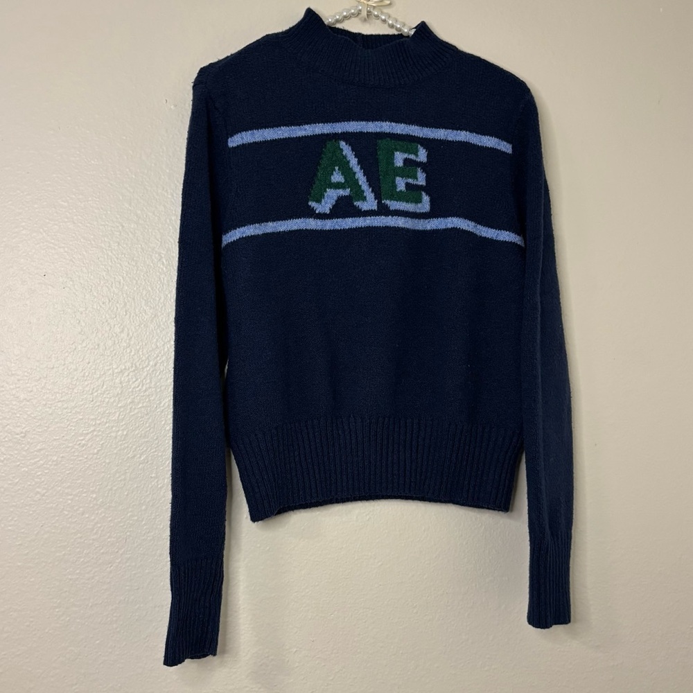 American Eagle Women Blue Logo Knit Mock Neck Sweater - Picture 10 of 12